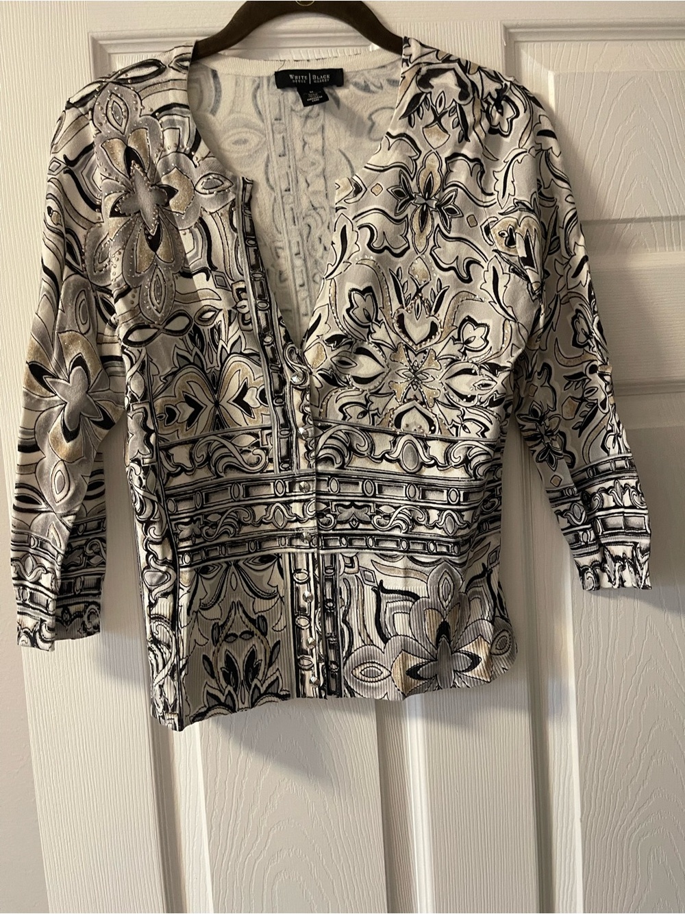 White & Black Printed V-Neck 3/4  Sleeve Cardigan - White House Black Market